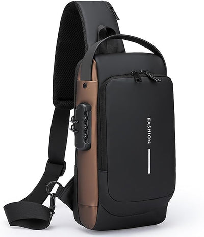FASHION Men's Anti-Theft PU Leather Chest Bag With Password Lock & USB Charging - Waterproof Travel Sling Bag